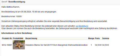 Bestellbestätigung Mail vorher